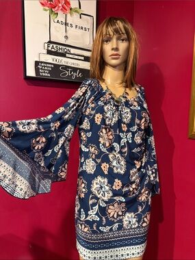 Lildy Tie Sleeve Tunic - Navy with Blush Floral Print EUC Sz L XL